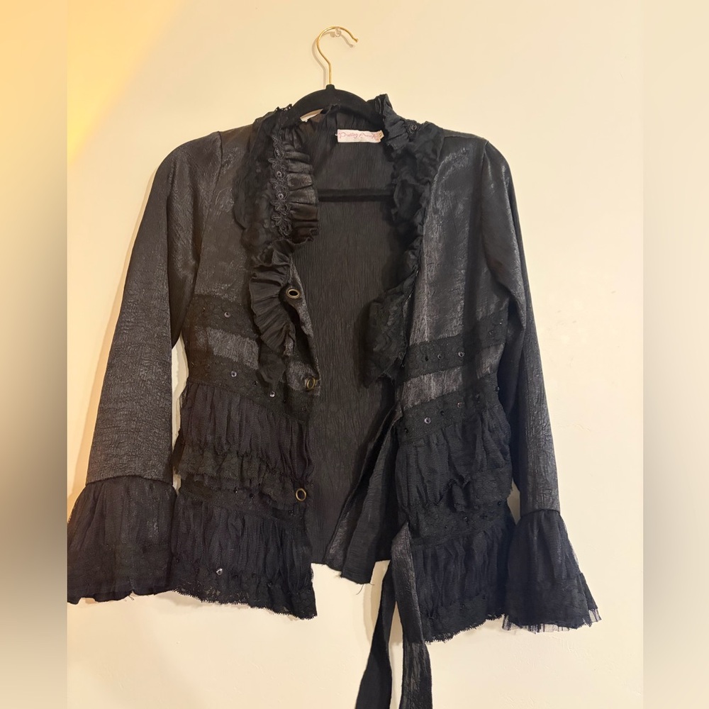 Elegant Vintage Vampire Silk Black Ruffled Tie Lace Shirt with Embellishment